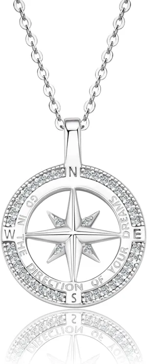 Compass Necklace for Women, 925 Sterling Silver Compass Pendant Jewelry Cubic Zirconia Unisex Senior High School College for Masters Degree Graduation Birthday Christmas Ideas Gift