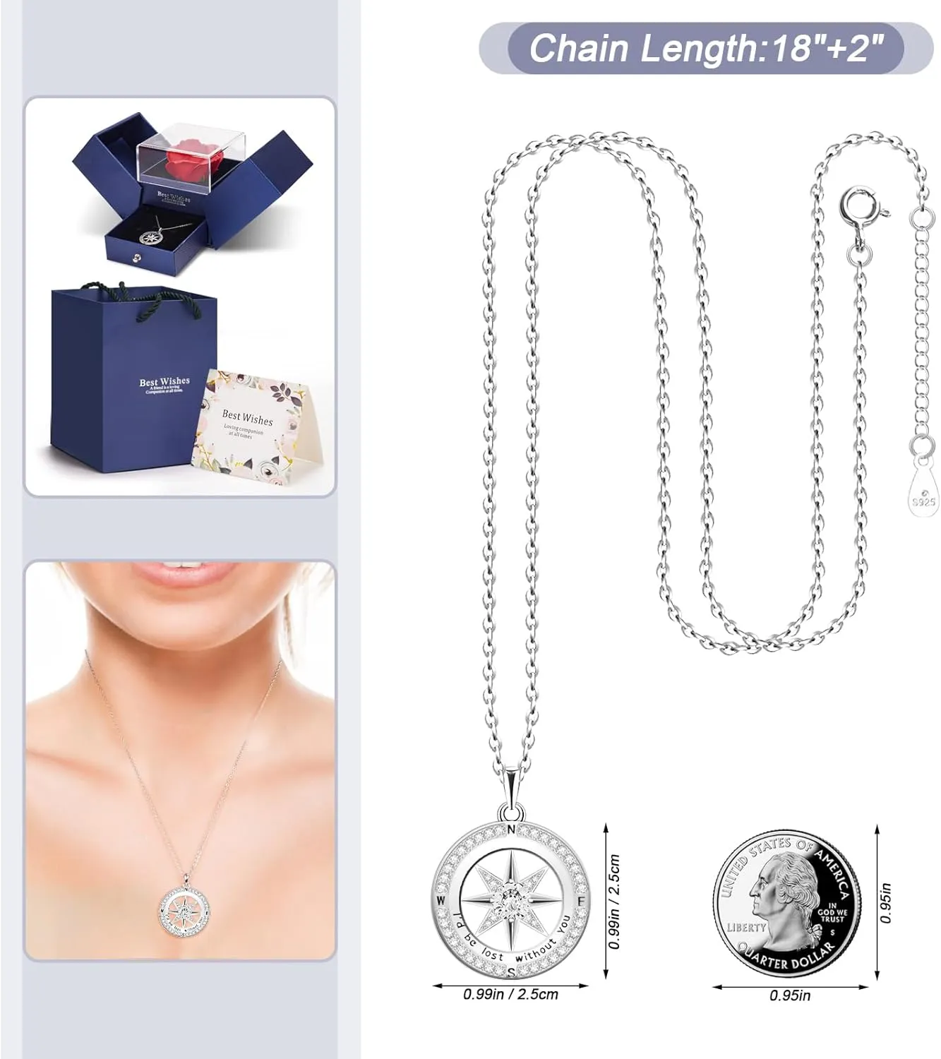 Compass Necklace for Women 925 Sterling Silver Id be Lost without You Compass Necklace Jewelry Birthstone Graduation Pendant for Mothers Wife Daughter Gifts