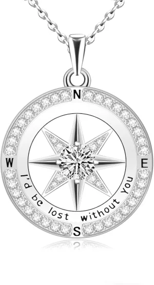 Compass Necklace for Women 925 Sterling Silver Id be Lost without You Compass Necklace Jewelry Birthstone Graduation Pendant for Mothers Wife Daughter Gifts