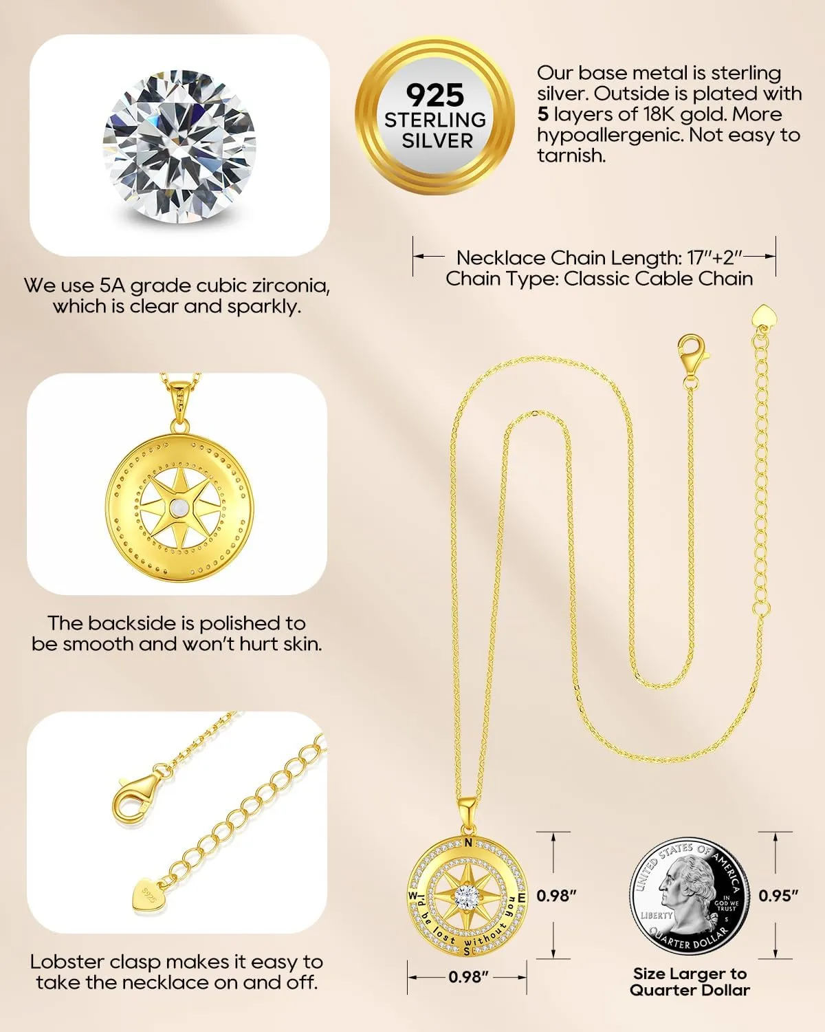 Compass Necklace for Women Gold, Wife Anniversary Jewelry for Her, S925 Sterling Silver Love Jewelry for Girlfriend Birthday Valentines Day Christmas Mothers Day, Birthstone Pendant Engraved with I'd be Lost without You