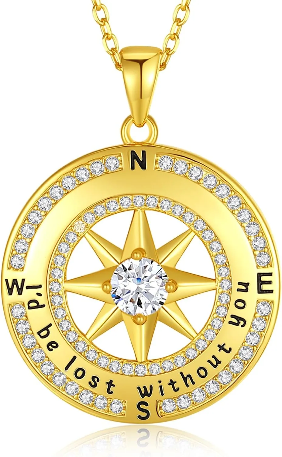 Compass Necklace for Women Gold, Wife Anniversary Jewelry for Her, S925 Sterling Silver Love Jewelry for Girlfriend Birthday Valentines Day Christmas Mothers Day, Birthstone Pendant Engraved with I'd be Lost without You