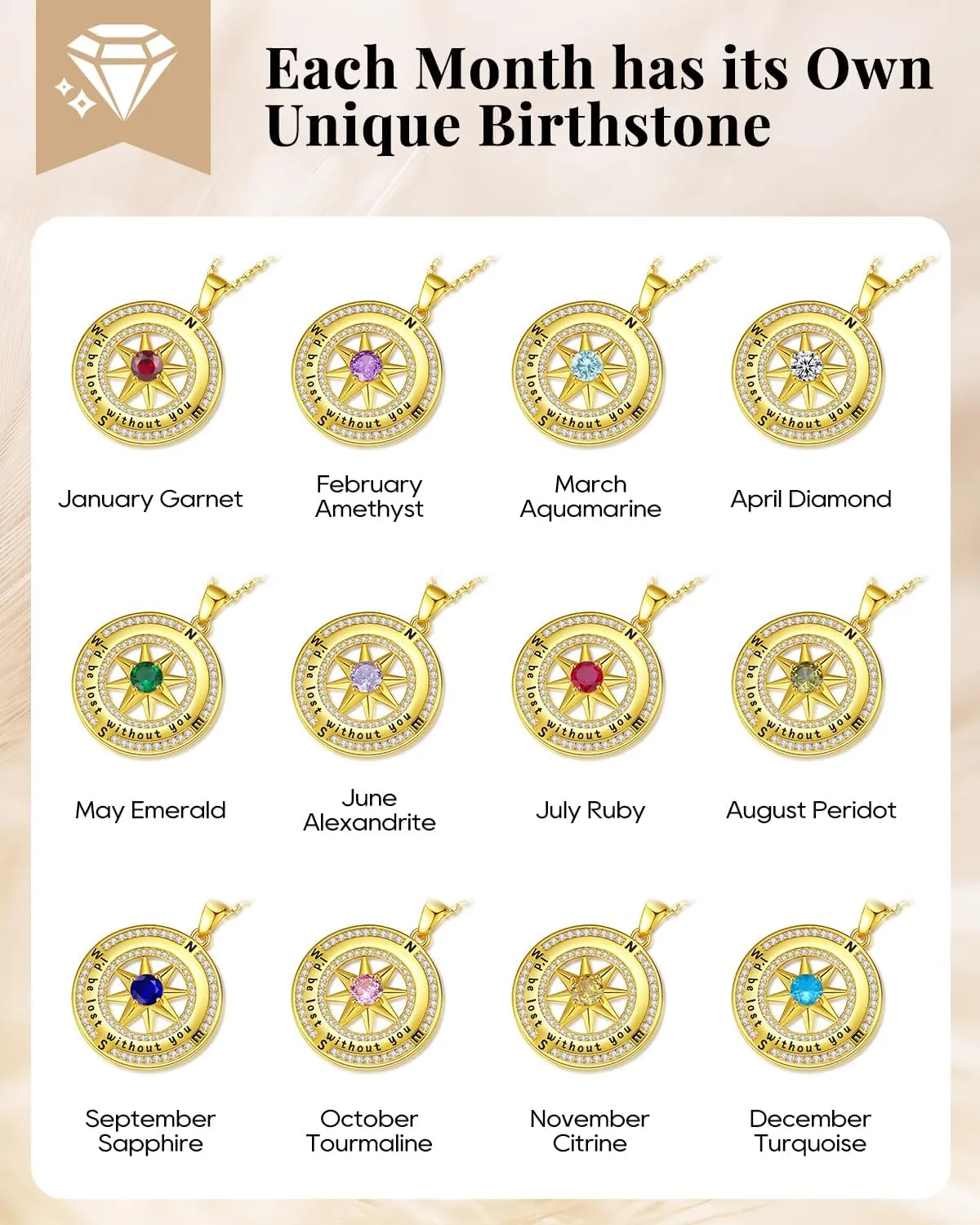 Compass Necklace for Women Gold, Wife Anniversary Jewelry for Her, S925 Sterling Silver Love Jewelry for Girlfriend Birthday Valentines Day Christmas Mothers Day, Birthstone Pendant Engraved with I'd be Lost without You