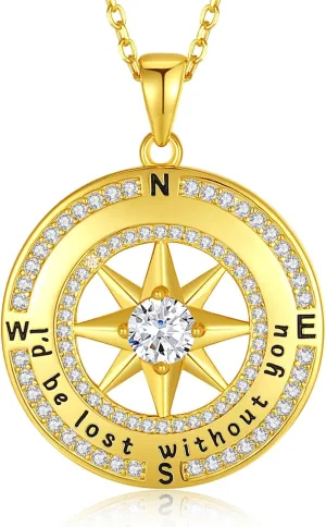 Compass Necklace for Women Gold, Wife Anniversary Jewelry for Her, S925 Sterling Silver Love Jewelry for Girlfriend Birthday Valentines Day Christmas Mothers Day, Birthstone Pendant Engraved with I'd be Lost without You