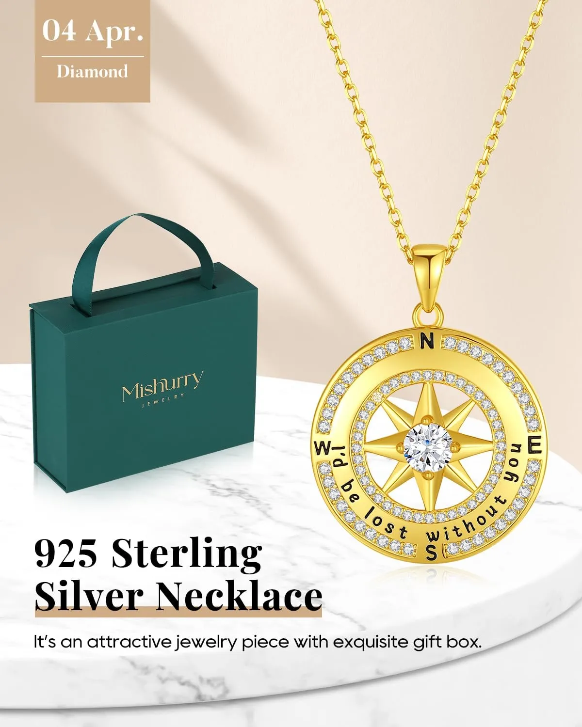 Compass Necklace for Women Gold, Wife Anniversary Jewelry for Her, S925 Sterling Silver Love Jewelry for Girlfriend Birthday Valentines Day Christmas Mothers Day, Birthstone Pendant Engraved with I'd be Lost without You