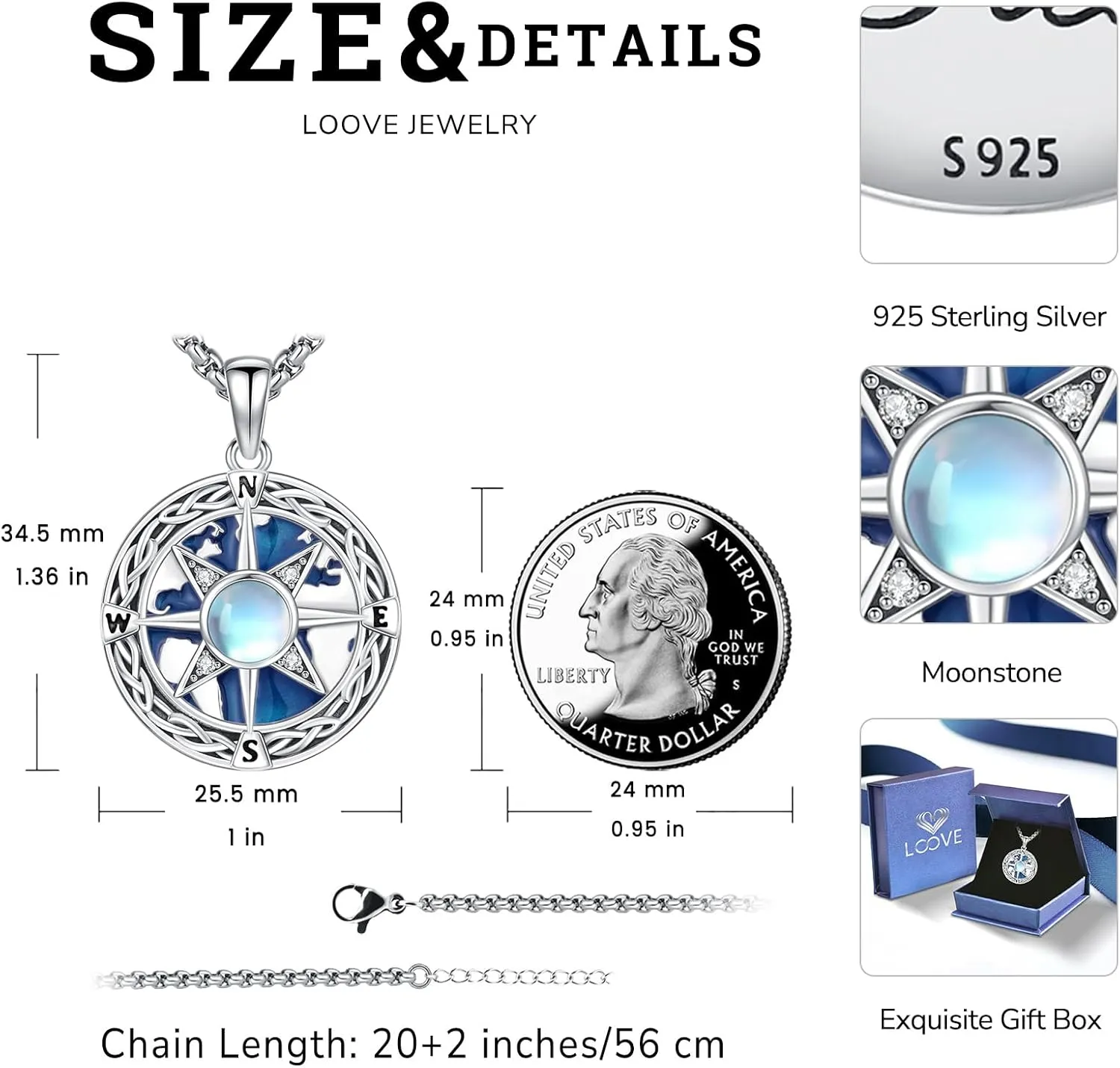 Compass Necklace for Women Sterling Silver Friendship Inspirational Graduation Birthday Mothers Day Gift Jewelry