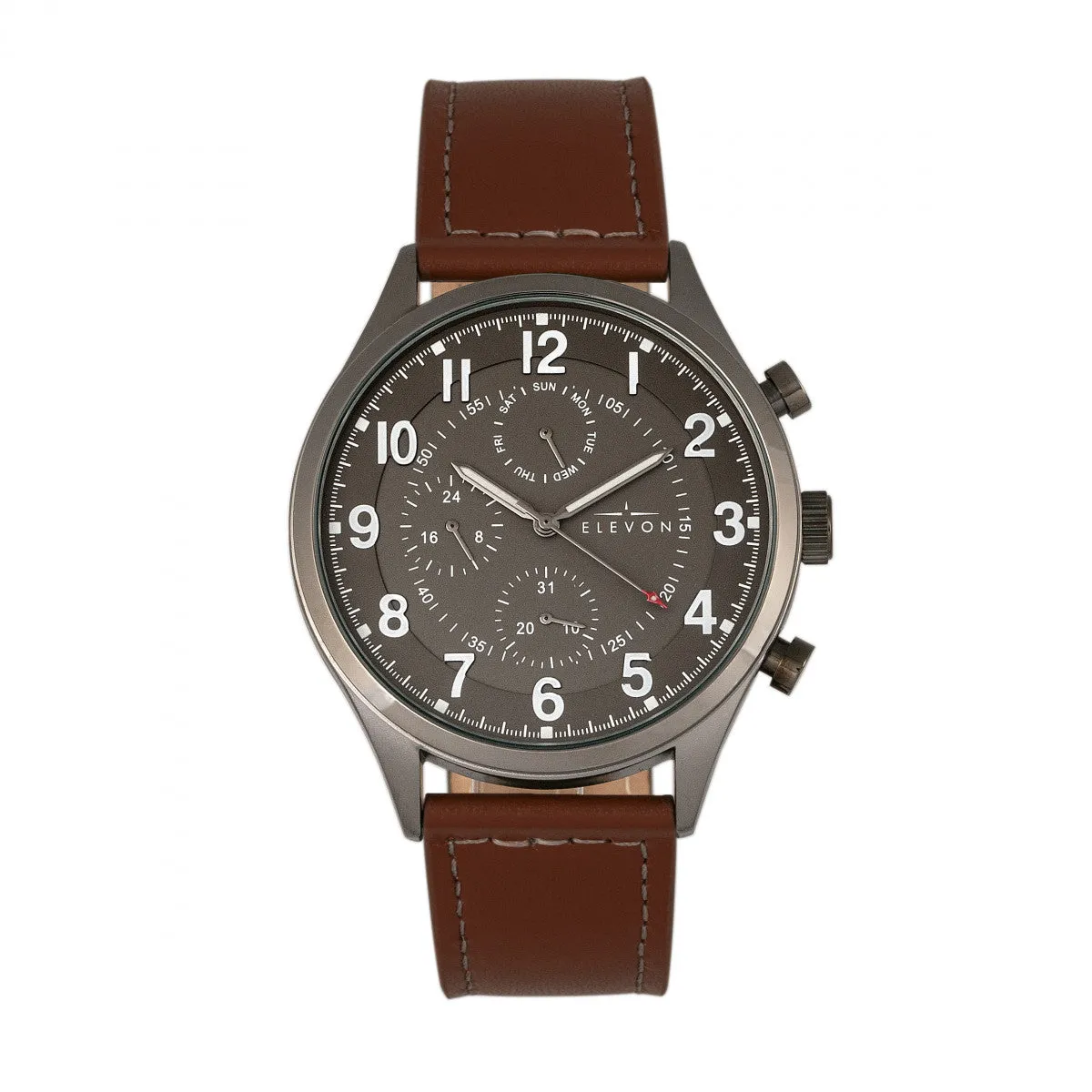 Elevon Lindbergh Leather-Band Watch w/Day/Date -  Brown/Gray