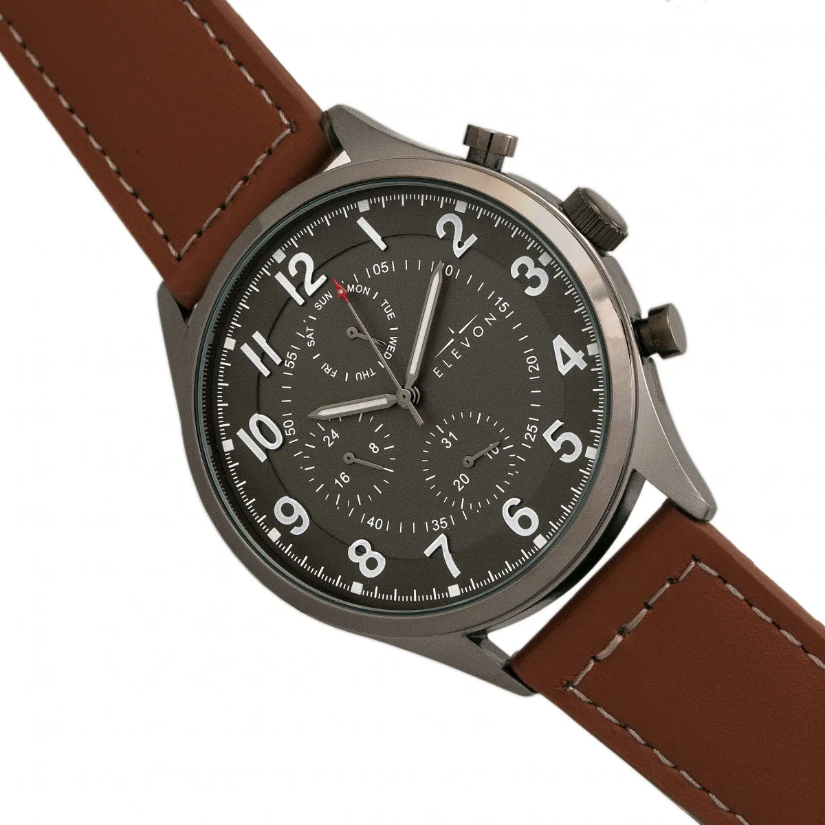 Elevon Lindbergh Leather-Band Watch w/Day/Date -  Brown/Gray