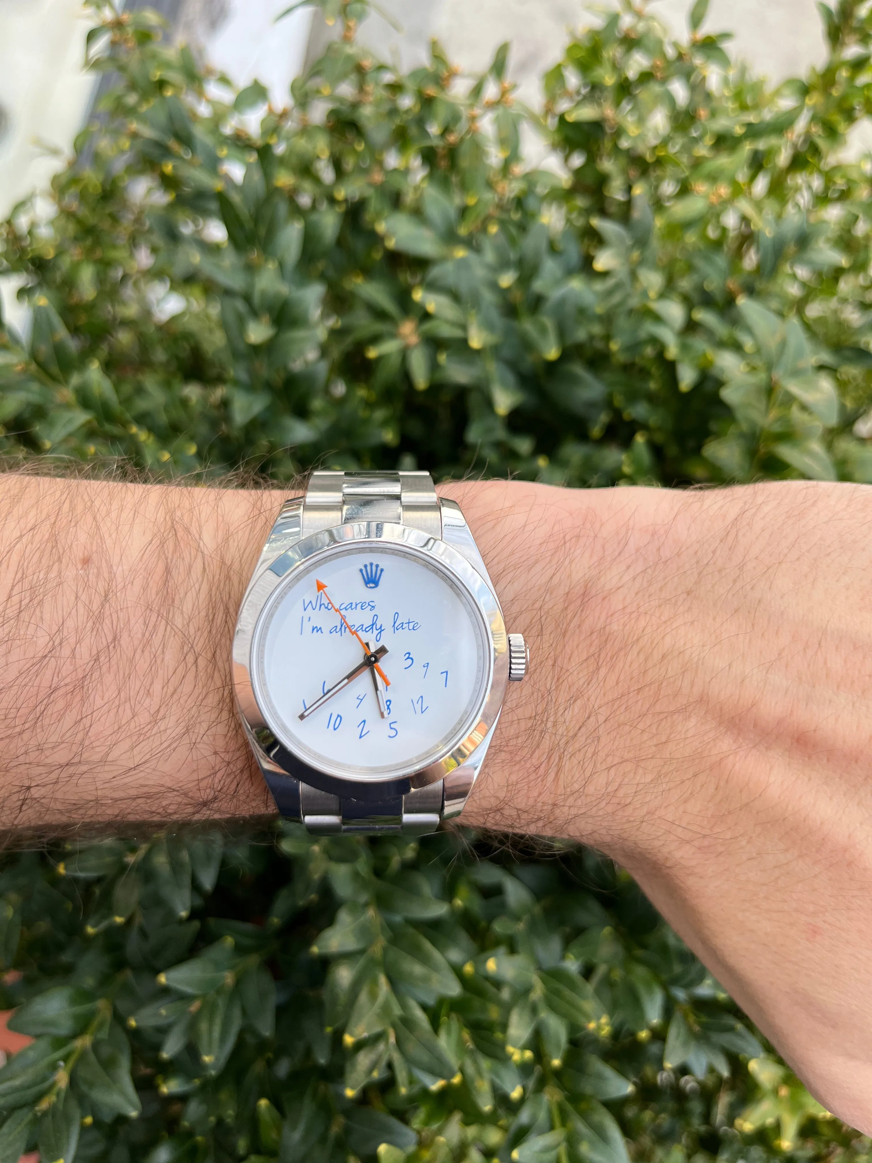 Exclusive 40mm Rolex Milgauss "Who cares I'm already late" custom dial blue font IV
