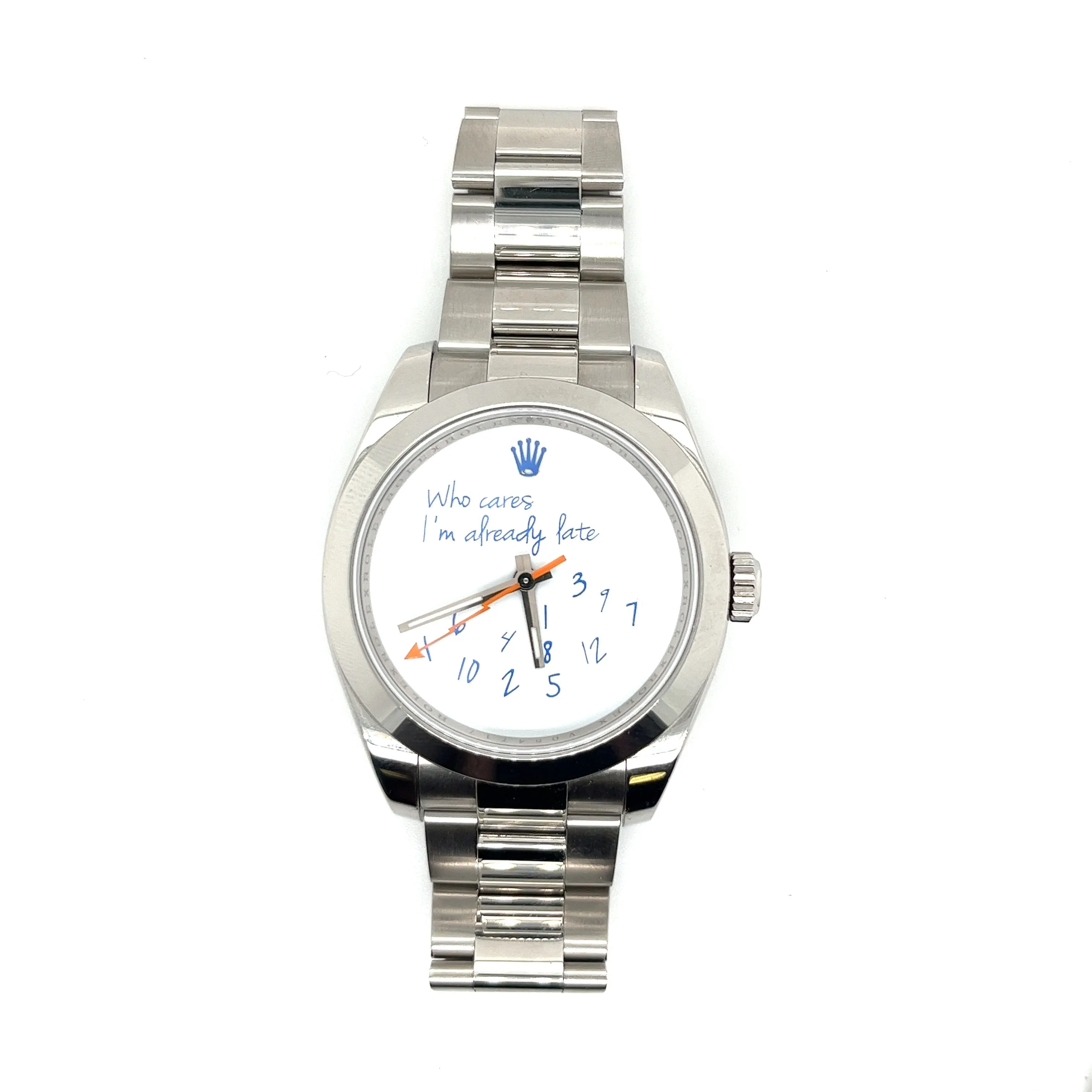Exclusive 40mm Rolex Milgauss "Who cares I'm already late" custom dial blue font IV