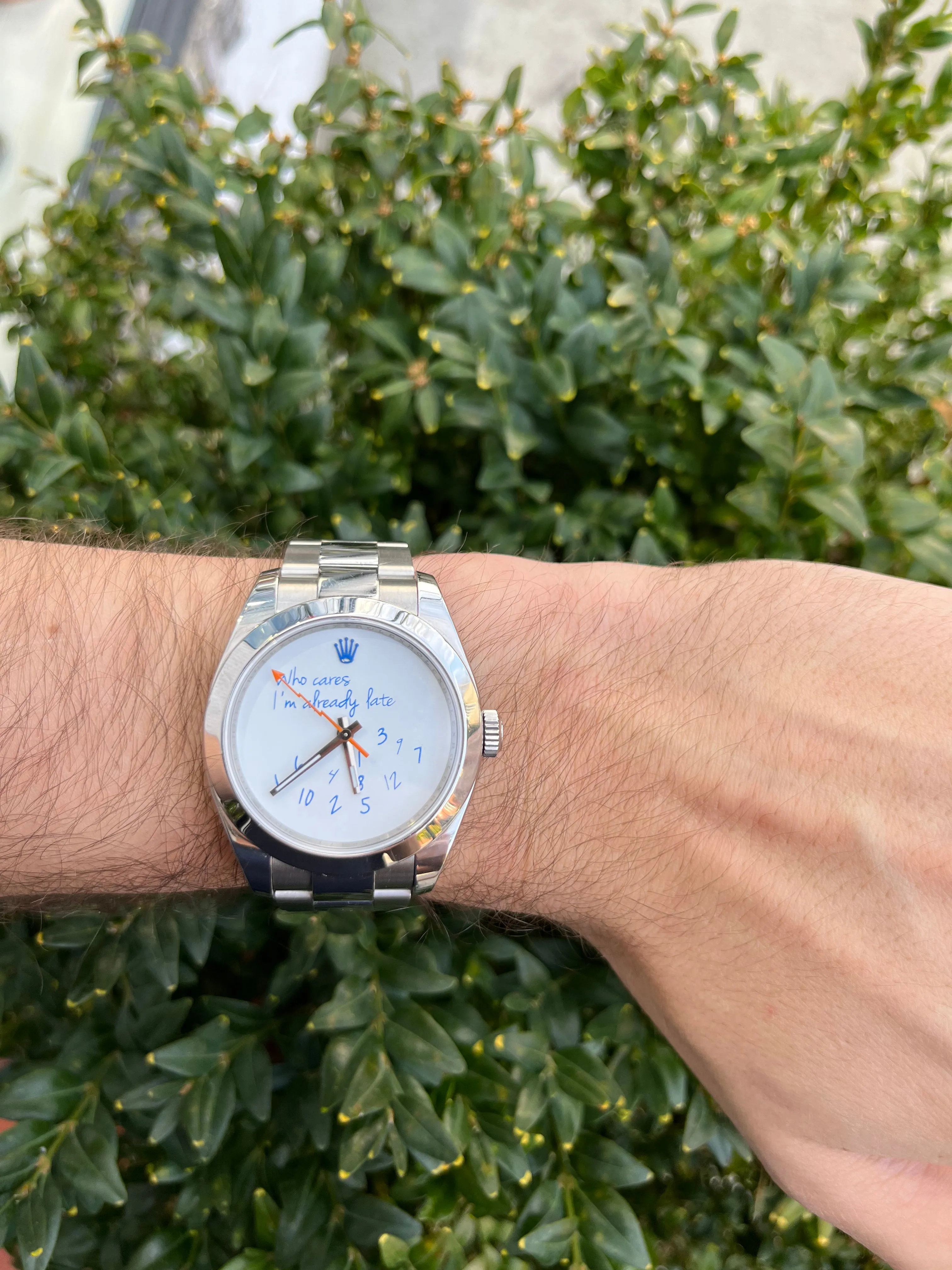 Exclusive 40mm Rolex Milgauss "Who cares I'm already late" custom dial blue font IV