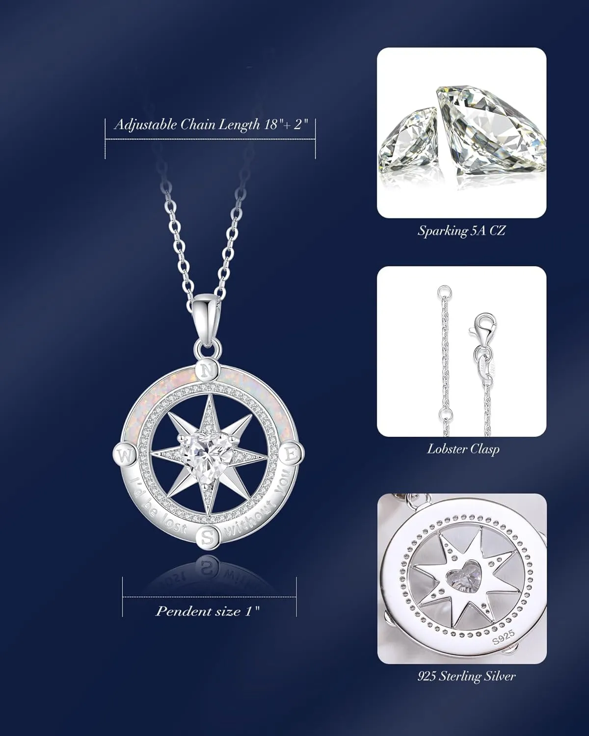 FANCIME Compass Necklace for Women Sterling Silver Compass Jewelry Opal Pendant Fine Jewelry Gemstone Birthday Mother's Day Gifts for Wife