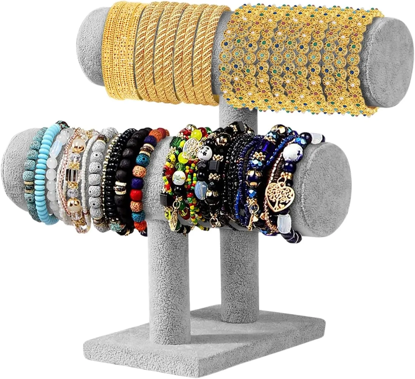 Flexzion Gray Velvet Hovering 2 Tier T-bar Jewelry Stand Display Storage Store Rack - Removable Necklace Bracelet Earring Bangle Pendants Anklet Tower Watch Key Holder Organizer For Women Men Girl