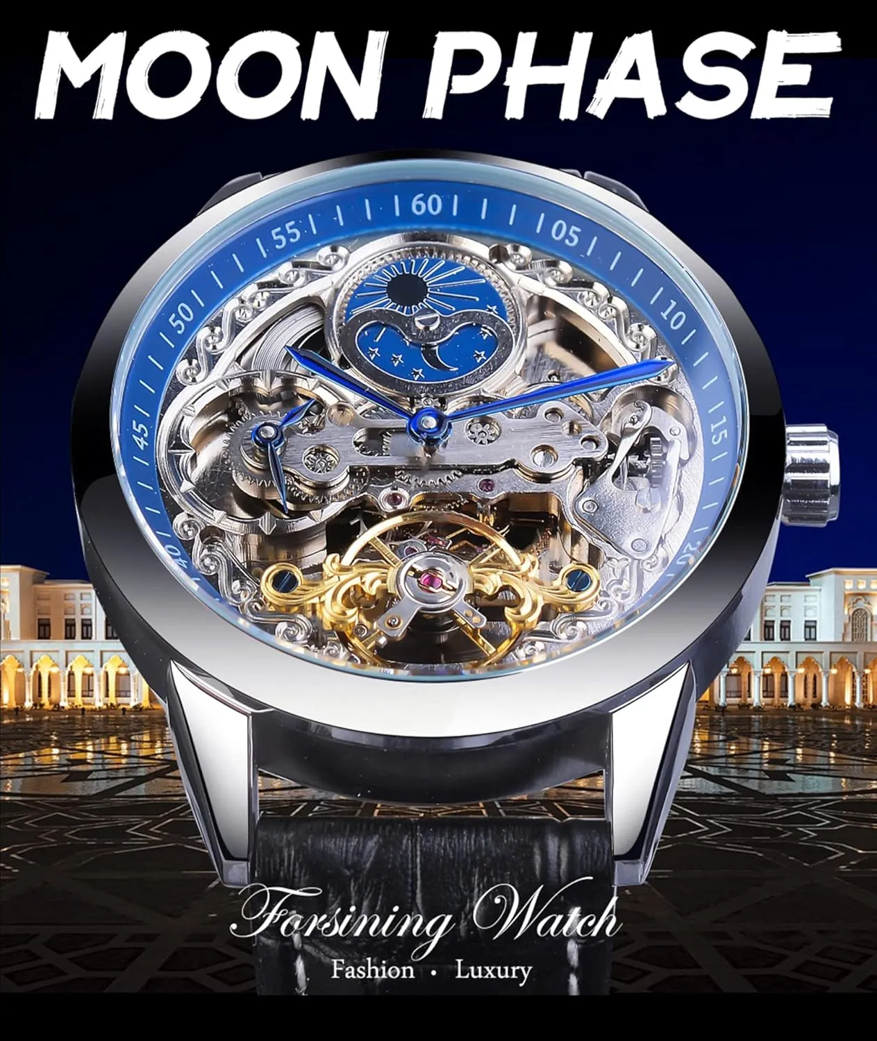 FORSINING Men's Skeleton Moon Phase Watch Mechanical Self-Wind Tourbillon Dual Time Zone Watches Automatic Luxury Leather Strap Large Dial Wristwatch