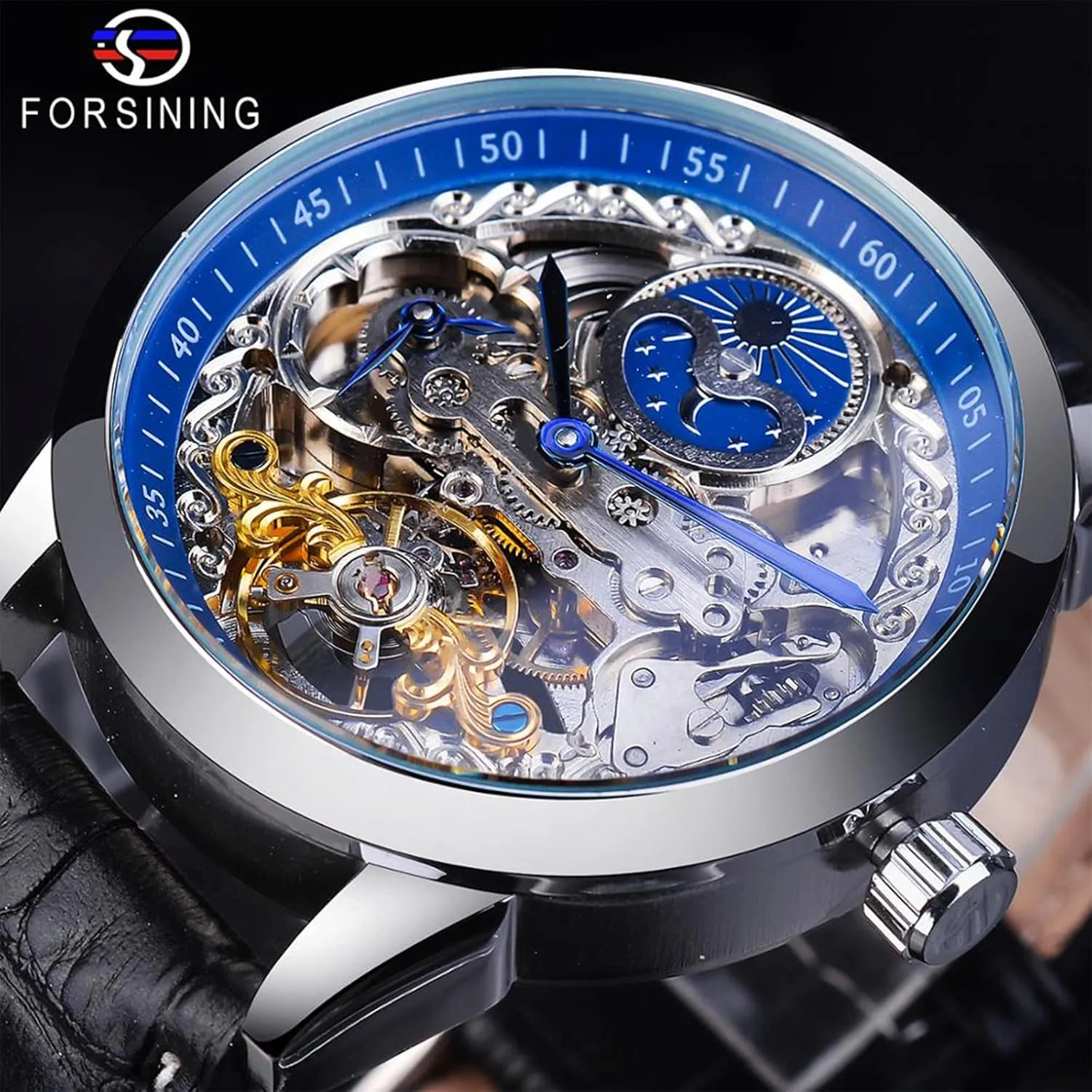 FORSINING Men's Skeleton Moon Phase Watch Mechanical Self-Wind Tourbillon Dual Time Zone Watches Automatic Luxury Leather Strap Large Dial Wristwatch