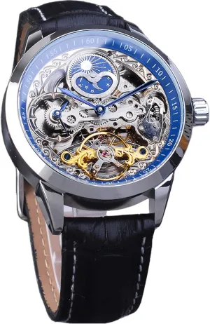 FORSINING Men's Skeleton Moon Phase Watch Mechanical Self-Wind Tourbillon Dual Time Zone Watches Automatic Luxury Leather Strap Large Dial Wristwatch