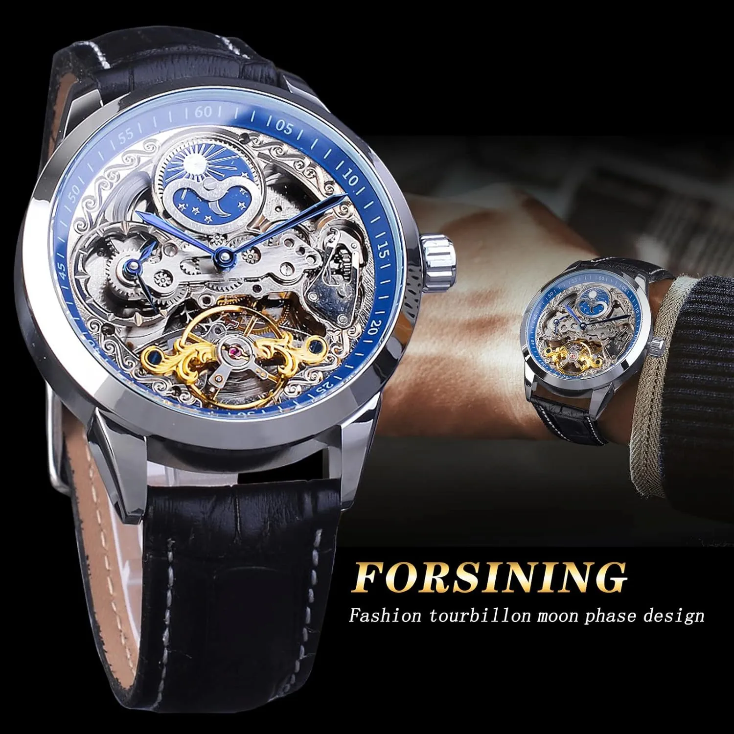 FORSINING Men's Skeleton Moon Phase Watch Mechanical Self-Wind Tourbillon Dual Time Zone Watches Automatic Luxury Leather Strap Large Dial Wristwatch