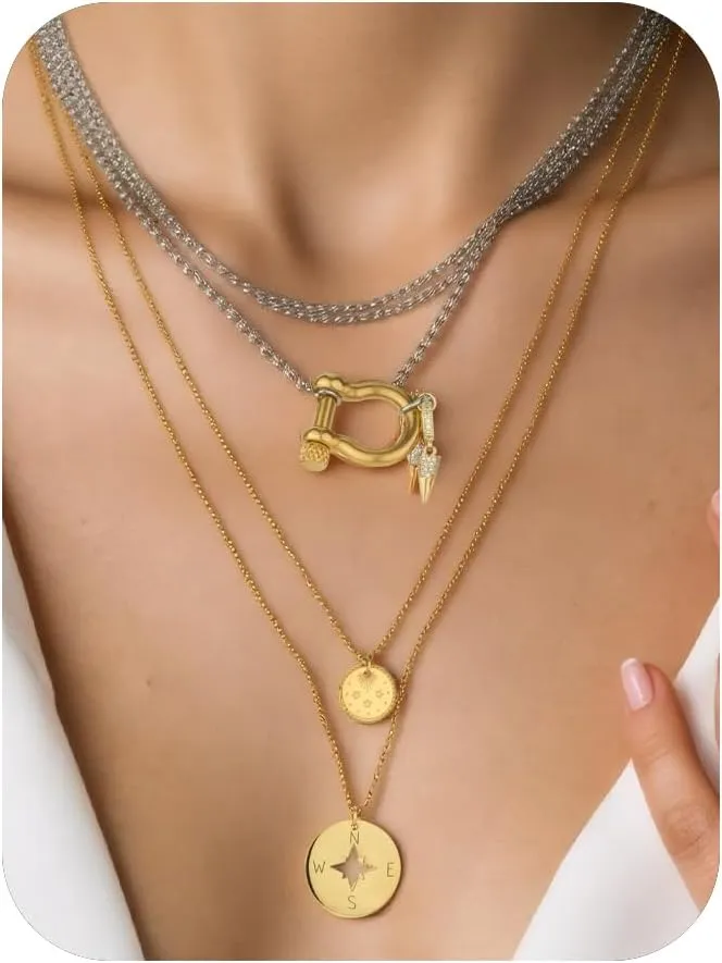 Gold Silver Layered Toggle Necklaces for Women 4 Set,18K Gold Plated Dainty Link Chain Necklaces Stainless Steel Compass Cuban Necklaces Choker Chunky Necklaces for Women Trendy Jewelry Gift