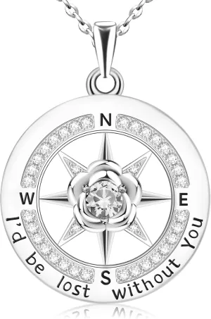 HOH-Tech Compass Necklace for Women 925 Sterling Silver Id be Lost without You Compass Necklace Birthstone Graduation Jewelry Pendant for Mothers Wives Daughter