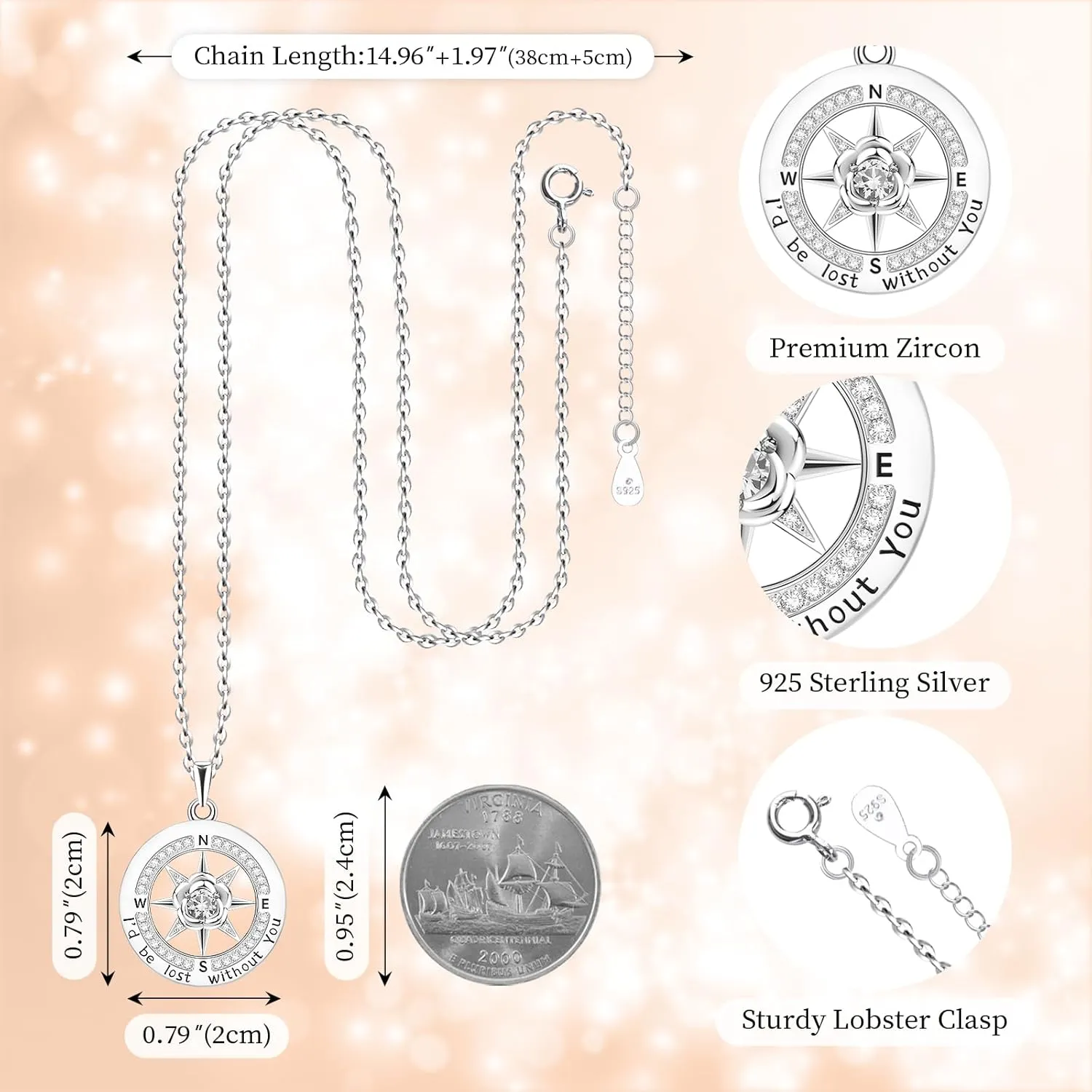 HOH-Tech Compass Necklace for Women 925 Sterling Silver Id be Lost without You Compass Necklace Birthstone Graduation Jewelry Pendant for Mothers Wives Daughter