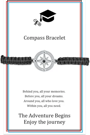 J.Endar Compass Bracelet for Women Graduation Gift 925 Sterling Silver Handmade Rope String Bracelet Men Class Jewelry Congratulations Graduation Inspire Gift, Black
