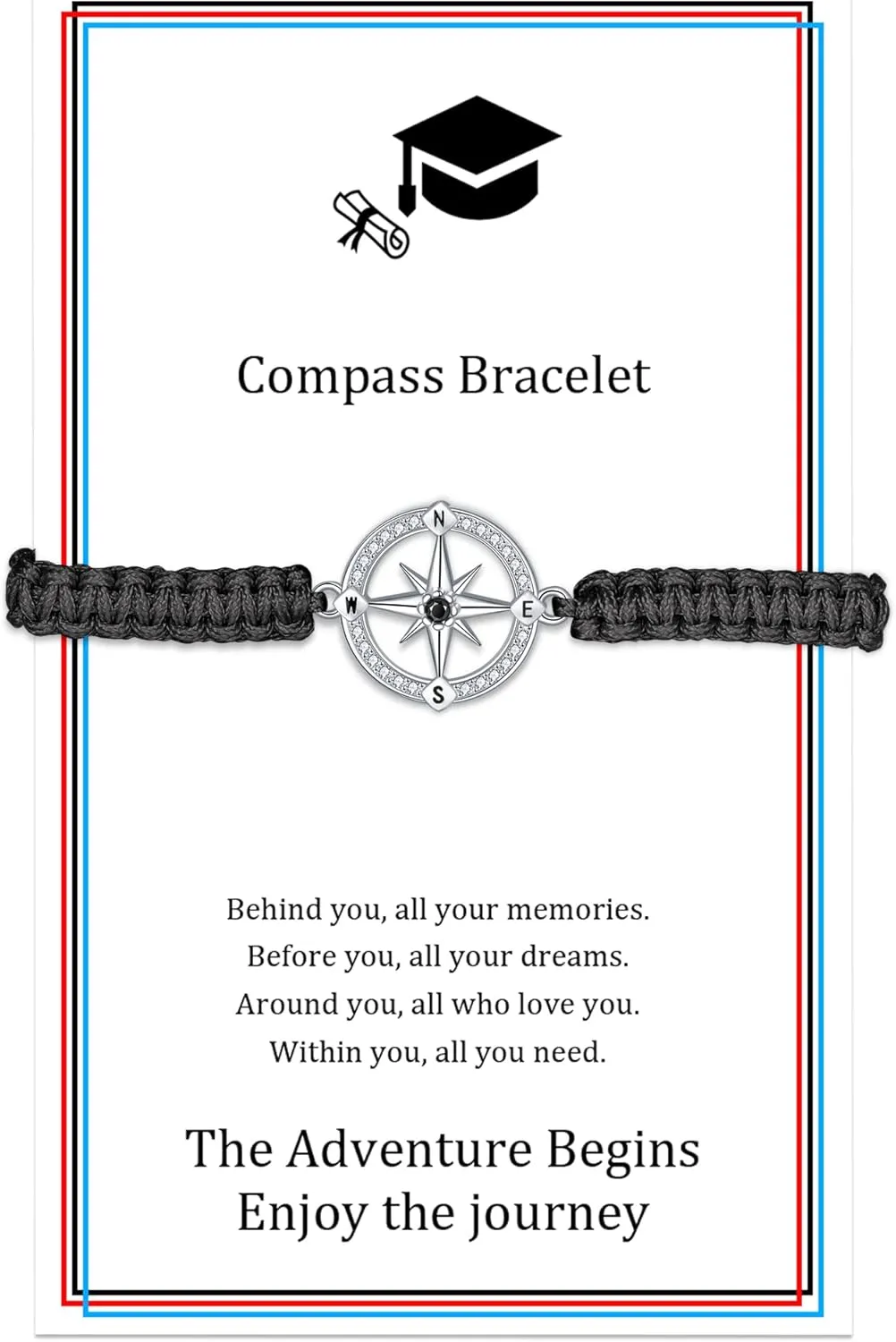 J.Endar Compass Bracelet for Women Graduation Gift 925 Sterling Silver Handmade Rope String Bracelet Men Class Jewelry Congratulations Graduation Inspire Gift, Black