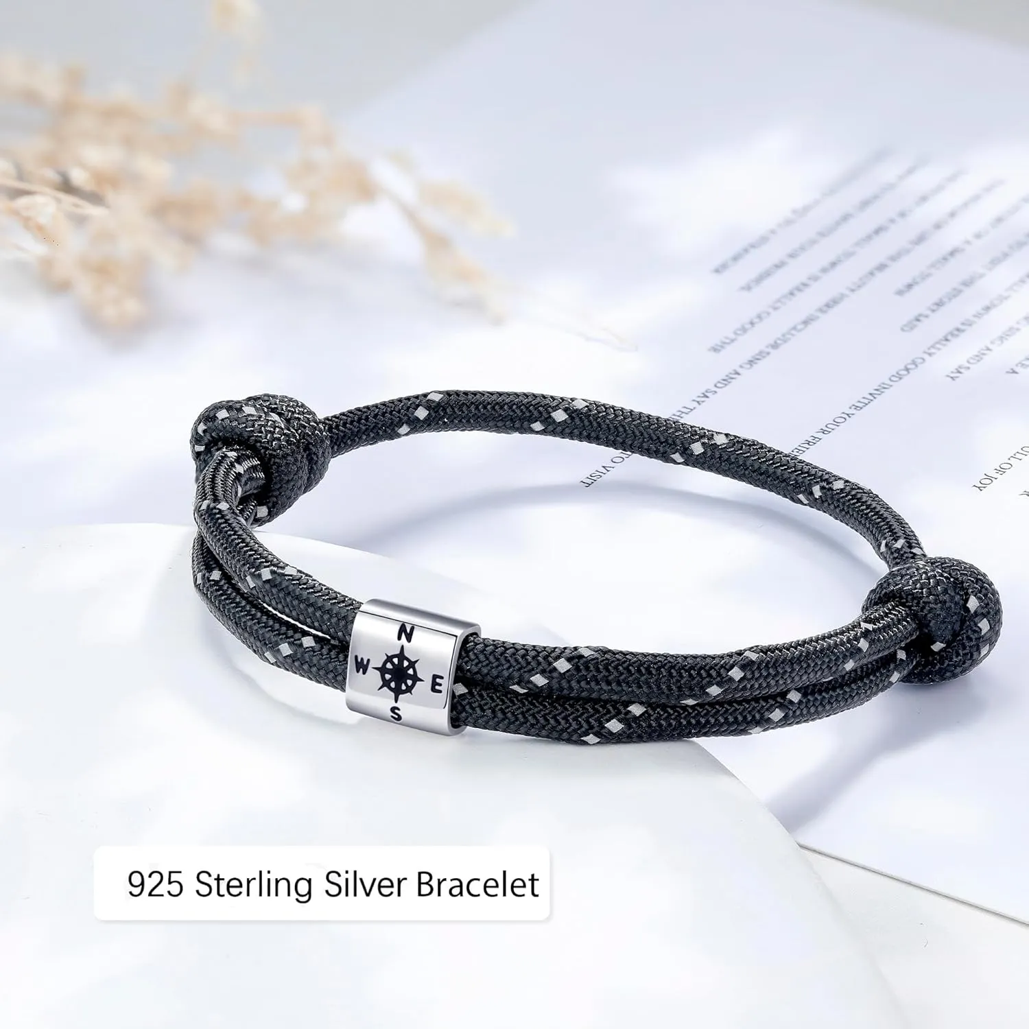 J.Endar Compass Nautical Paracord Bracelet for Men, 925 Sterling Silver Handmade Bracelet Surfer Summer Beach Jewelry Partner Friendship Gift