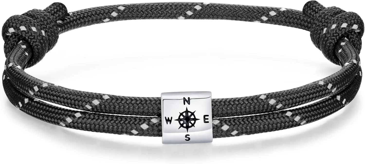 J.Endar Compass Nautical Paracord Bracelet for Men, 925 Sterling Silver Handmade Bracelet Surfer Summer Beach Jewelry Partner Friendship Gift