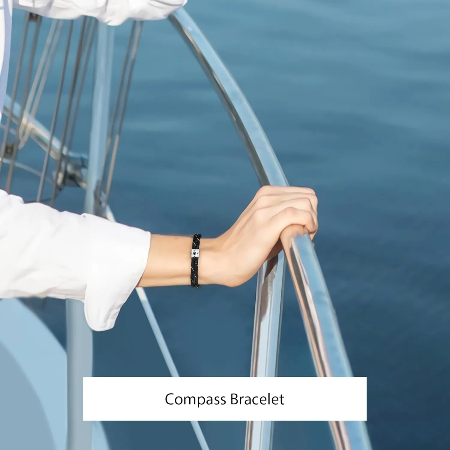 J.Endar Compass Nautical Paracord Bracelet for Men, 925 Sterling Silver Handmade Bracelet Surfer Summer Beach Jewelry Partner Friendship Gift