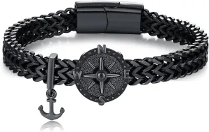 MEDWISE Compass Bracelet for Men Black 925 Sterling Silver Viking Anchor 8.5 Inches Stainless Steel Bracelet Punk Compass Jewelry for Him Men Father Husband Brother Son