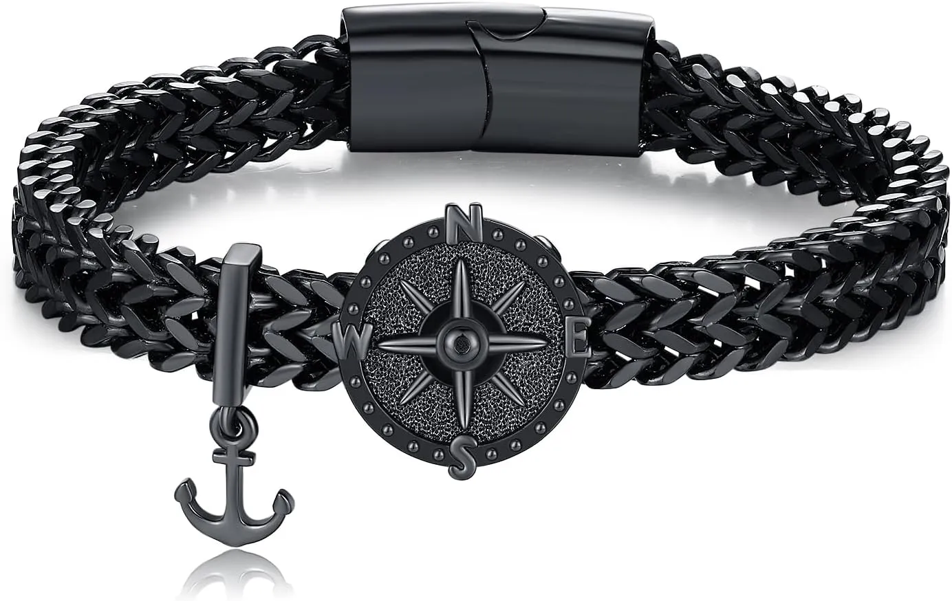 MEDWISE Compass Bracelet for Men Black 925 Sterling Silver Viking Anchor 8.5 Inches Stainless Steel Bracelet Punk Compass Jewelry for Him Men Father Husband Brother Son