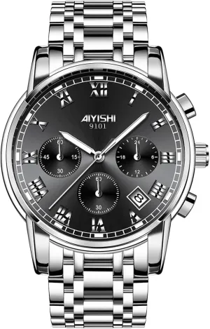 Men's Dress Stainless Steel Chronograph Watch, Big Face Silver Black Analog Quartz Watch, Luxury Waterproof Date Roman Arabic Numerals Dial