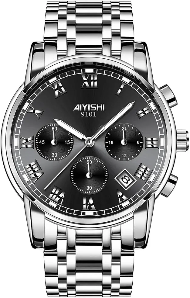 Men's Dress Stainless Steel Chronograph Watch, Big Face Silver Black Analog Quartz Watch, Luxury Waterproof Date Roman Arabic Numerals Dial