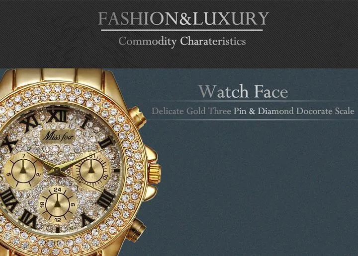 MISS FOX Classic Roman Numbers Quartz Fashion Casual Gold Bling Ladies Watch