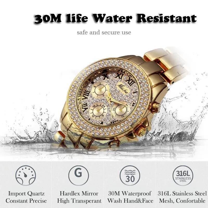 MISS FOX Classic Roman Numbers Quartz Fashion Casual Gold Bling Ladies Watch
