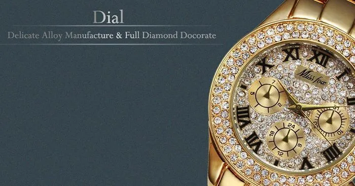 MISS FOX Classic Roman Numbers Quartz Fashion Casual Gold Bling Ladies Watch