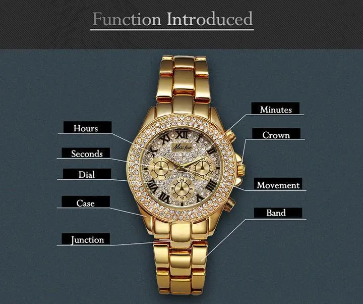 MISS FOX Classic Roman Numbers Quartz Fashion Casual Gold Bling Ladies Watch