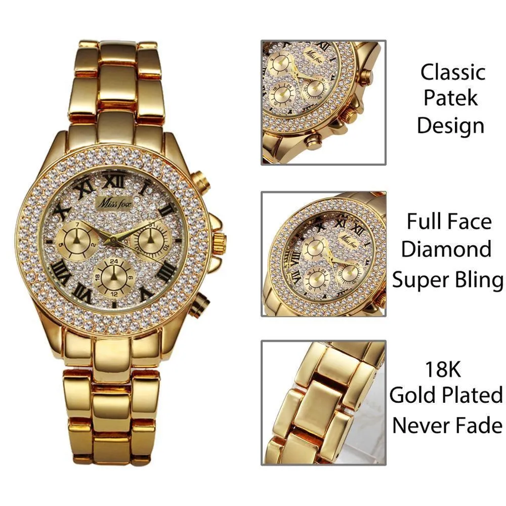 MISS FOX Classic Roman Numbers Quartz Fashion Casual Gold Bling Ladies Watch