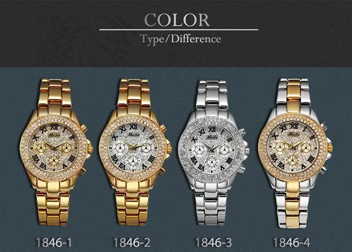 MISS FOX Classic Roman Numbers Quartz Fashion Casual Gold Bling Ladies Watch