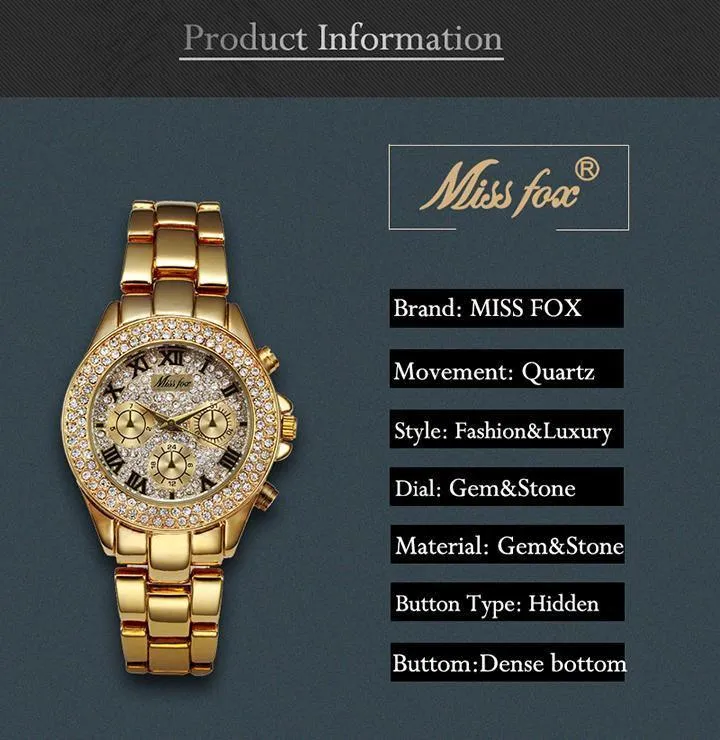 MISS FOX Classic Roman Numbers Quartz Fashion Casual Gold Bling Ladies Watch
