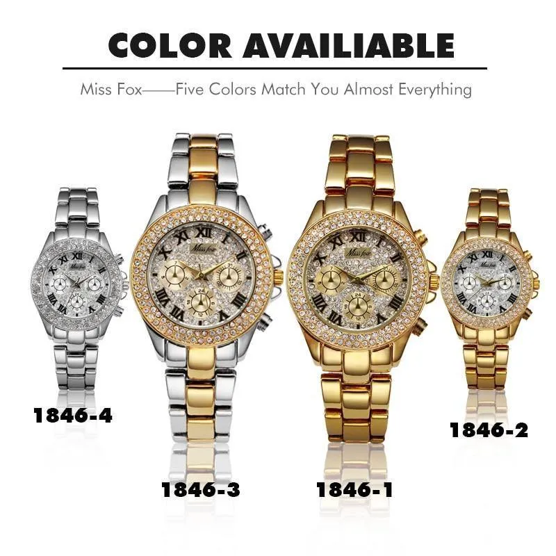 MISS FOX Classic Roman Numbers Quartz Fashion Casual Gold Bling Ladies Watch