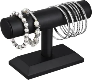 MOOCA Black Deluxe PU Faux Leather Jewelry Holder Organizer, Wooden Bracelet Holder Stand, T-Bar Display Stand, Jewelry Organizer Stand for Bracelets, Bangles, and Watches