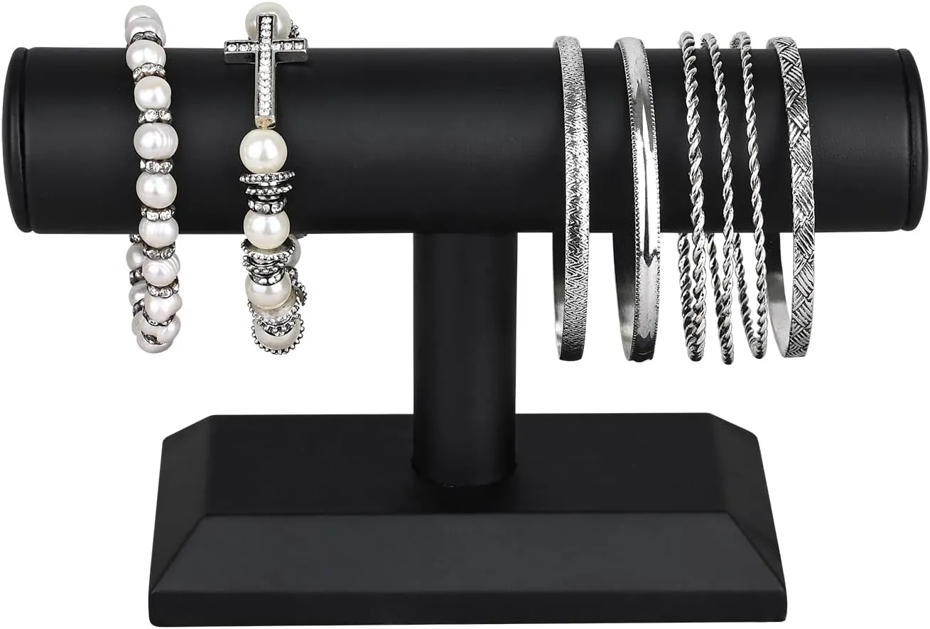MOOCA Black Deluxe PU Faux Leather Jewelry Holder Organizer, Wooden Bracelet Holder Stand, T-Bar Display Stand, Jewelry Organizer Stand for Bracelets, Bangles, and Watches