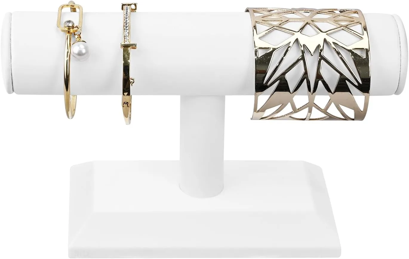 MOOCA T-Bar Deluxe Wooden Bracelet Holder Display, Watch Hoder, Bracelet Display Stand, Jewelry Stand Organizer, White Leatherette
