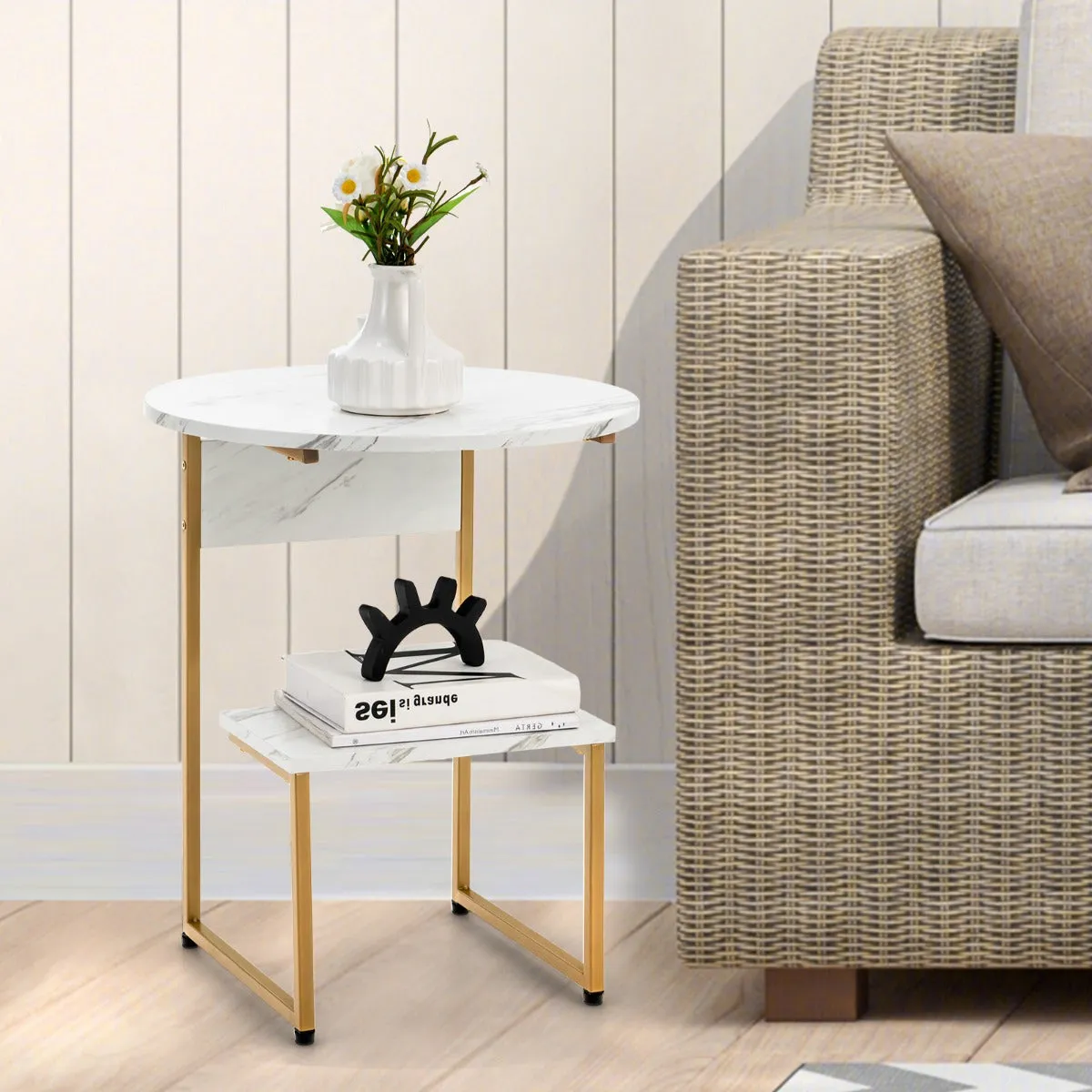 NNECW White Faux Marble End Table with Round Tabletop & Square Shelf for Living Room