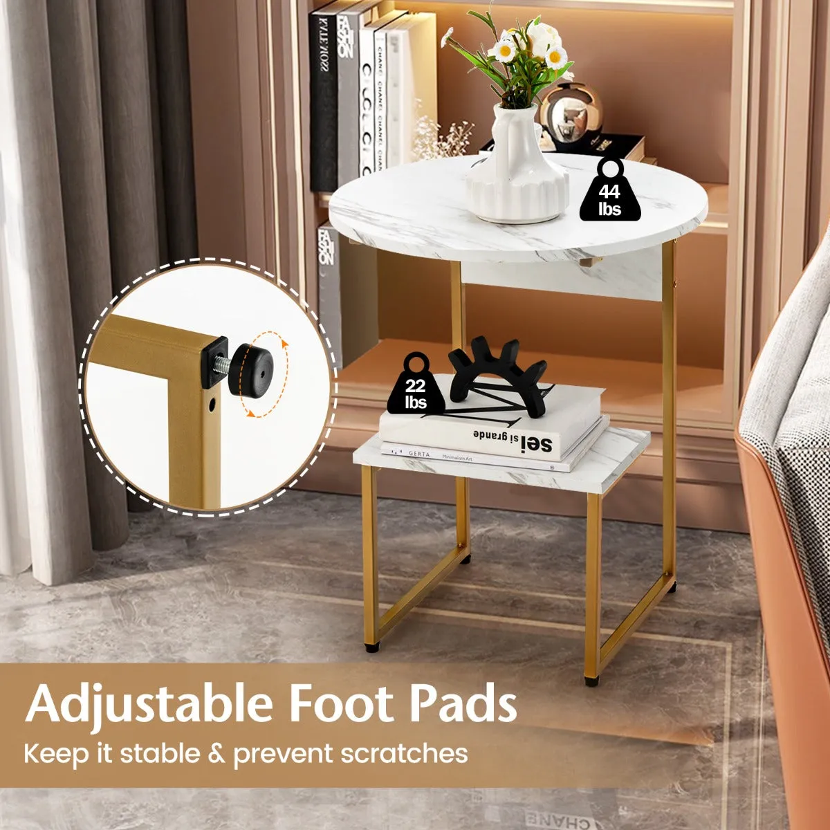 NNECW White Faux Marble End Table with Round Tabletop & Square Shelf for Living Room
