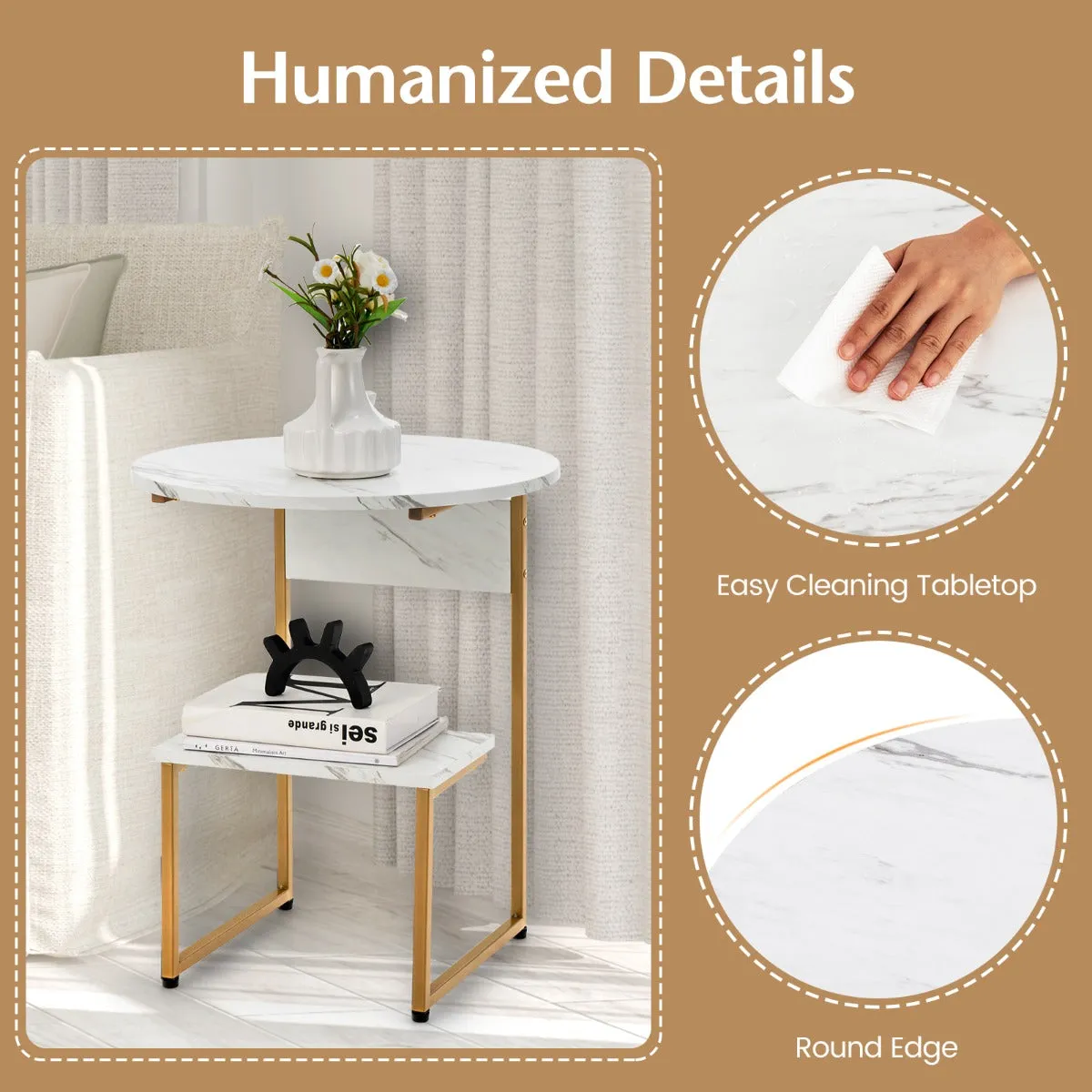 NNECW White Faux Marble End Table with Round Tabletop & Square Shelf for Living Room