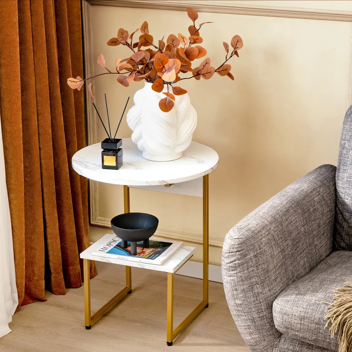 NNECW White Faux Marble End Table with Round Tabletop & Square Shelf for Living Room