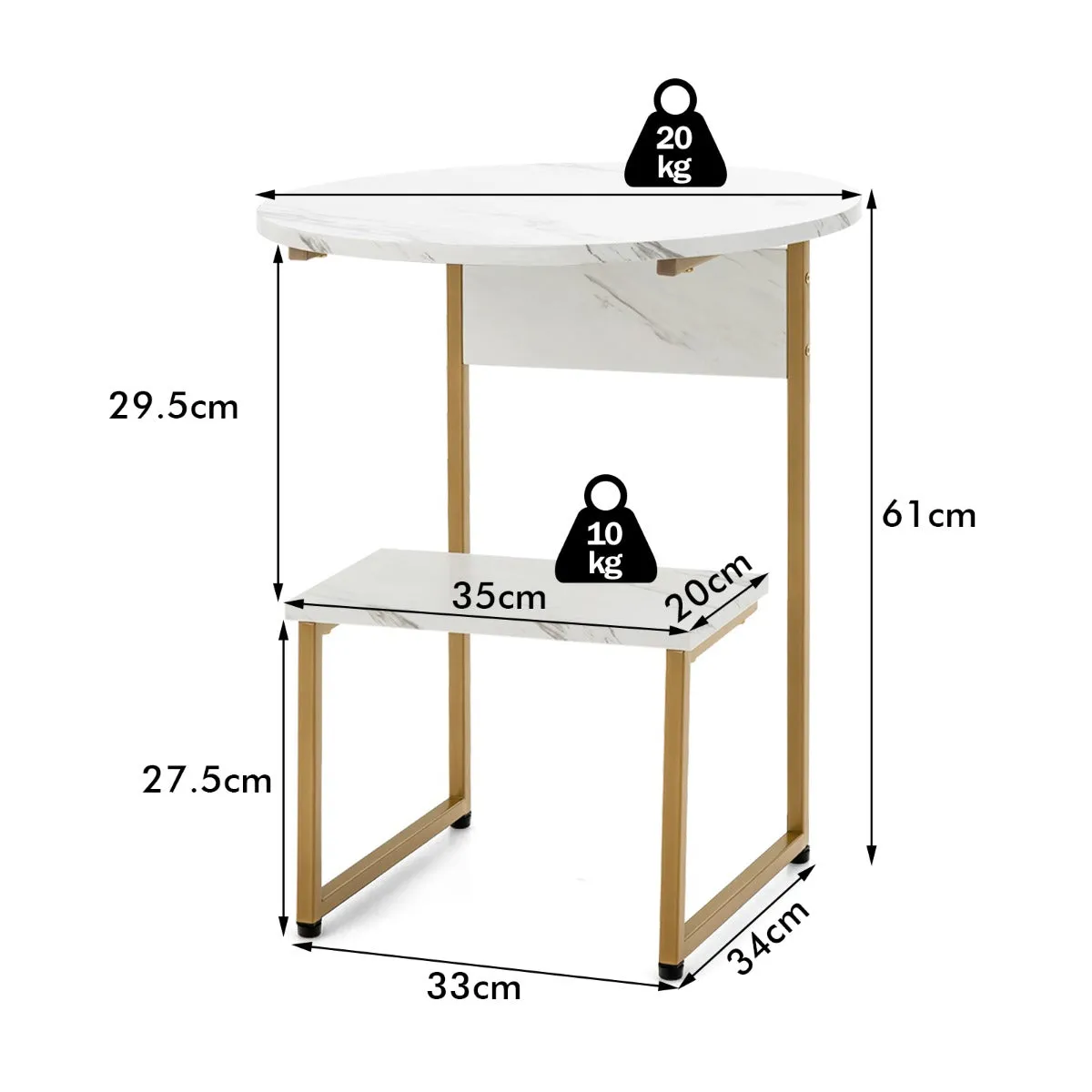 NNECW White Faux Marble End Table with Round Tabletop & Square Shelf for Living Room