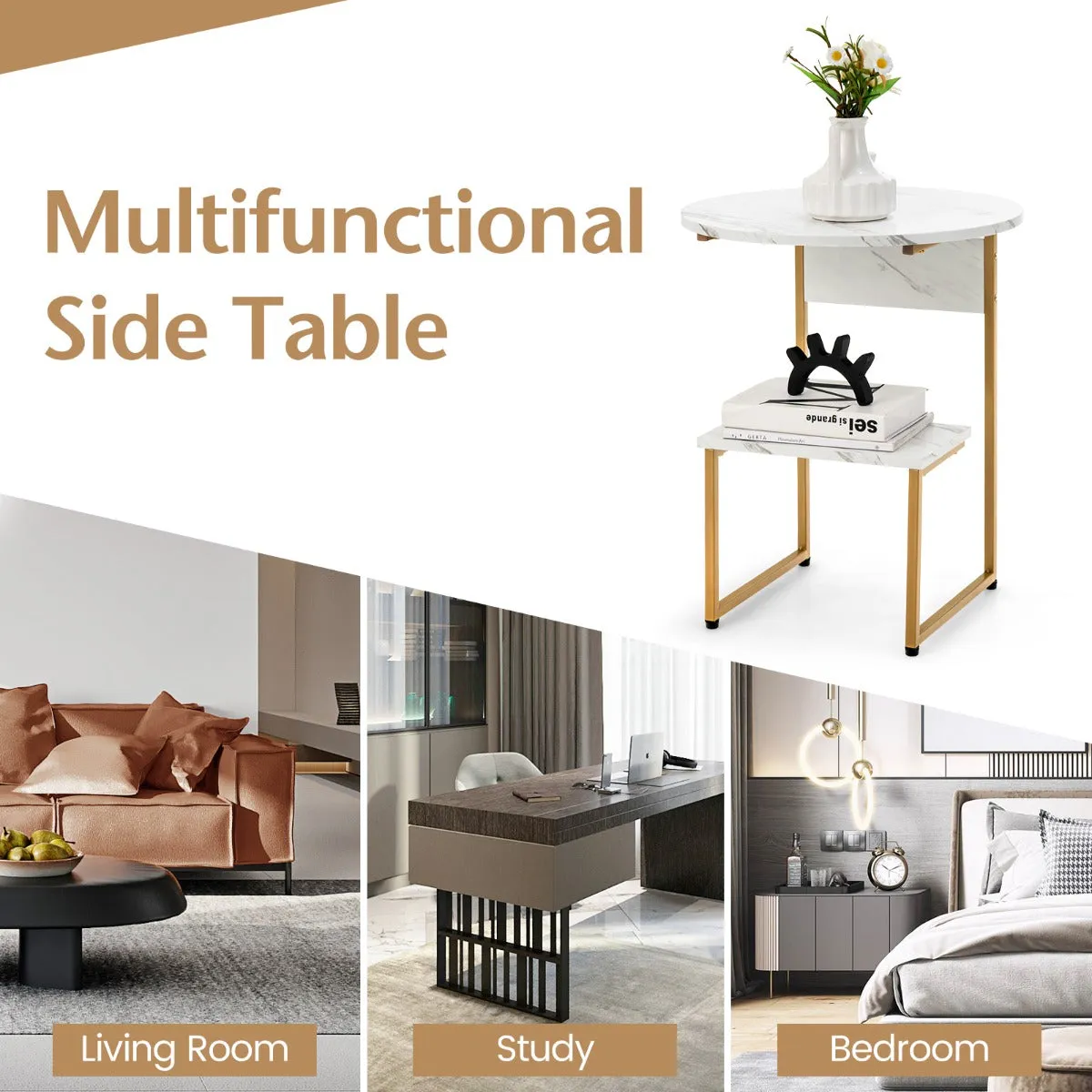 NNECW White Faux Marble End Table with Round Tabletop & Square Shelf for Living Room
