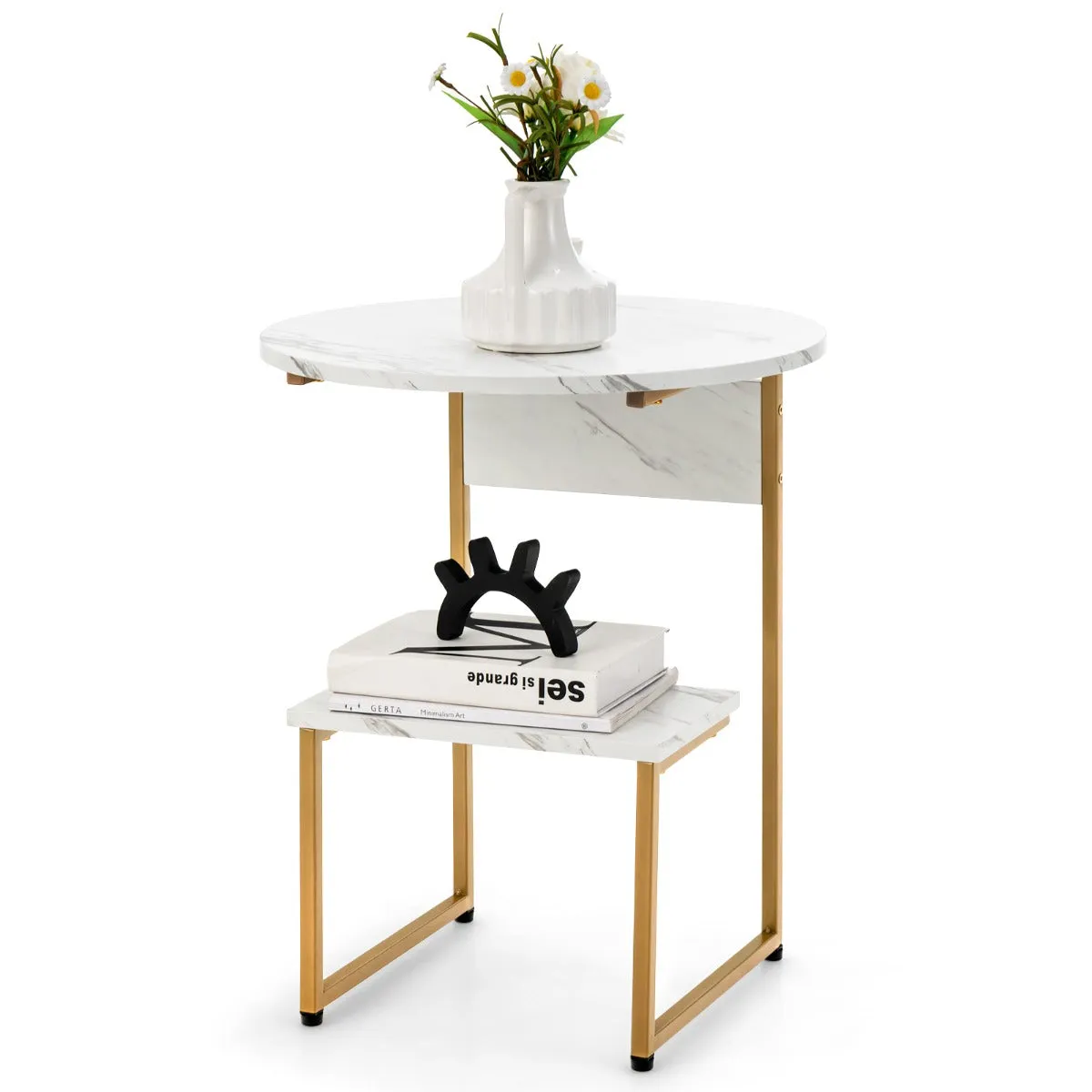 NNECW White Faux Marble End Table with Round Tabletop & Square Shelf for Living Room